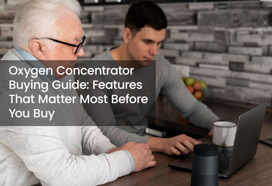 Senior man and son reviewing options before buying a portable oxygen concentrator