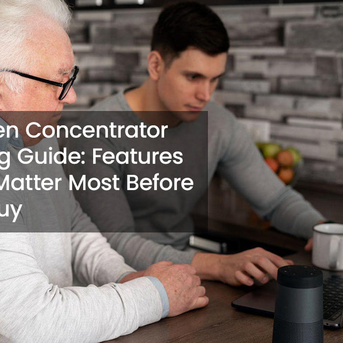 Senior man and son reviewing options before buying a portable oxygen concentrator