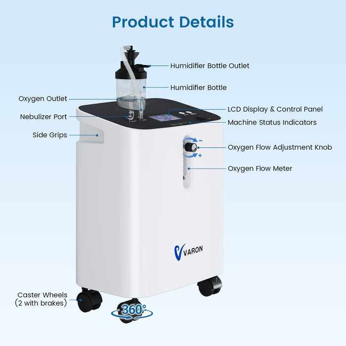 VARON Serene 3 Quiet Home Oxygen Concentrator | 1-10L/min Flow Settings