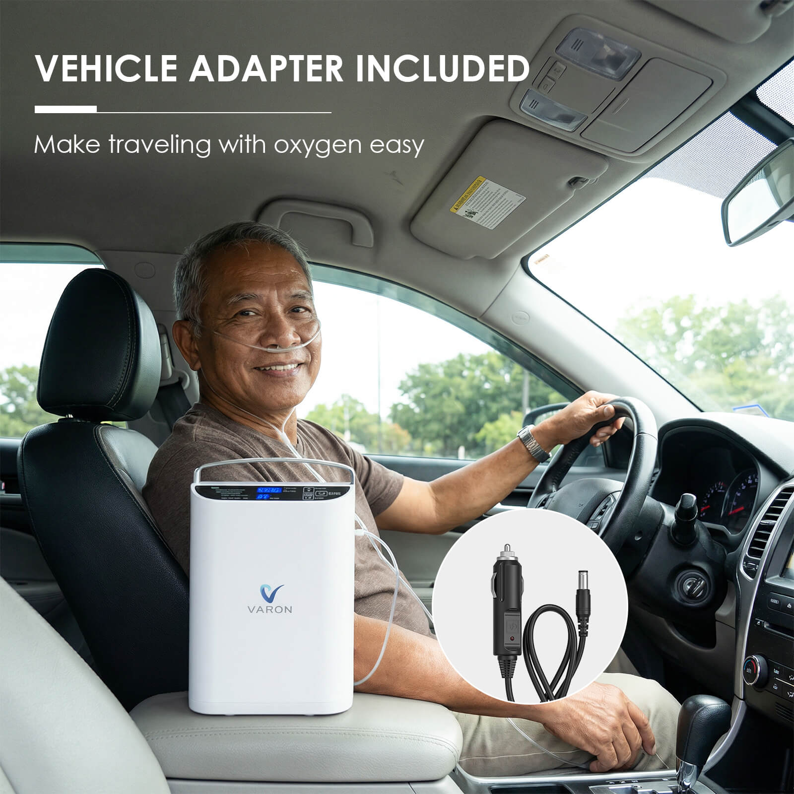 Elderly man sitting inside a car while using a VP-1 Portable Oxygen Concentrator