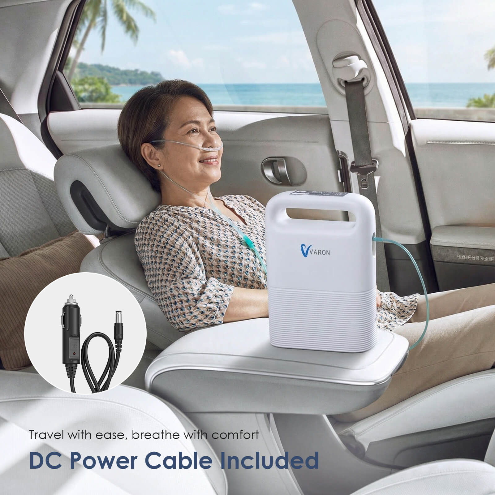 VP-2 Portable Oxygen Concentrator used by a woman resting comfortably inside a car during travel.