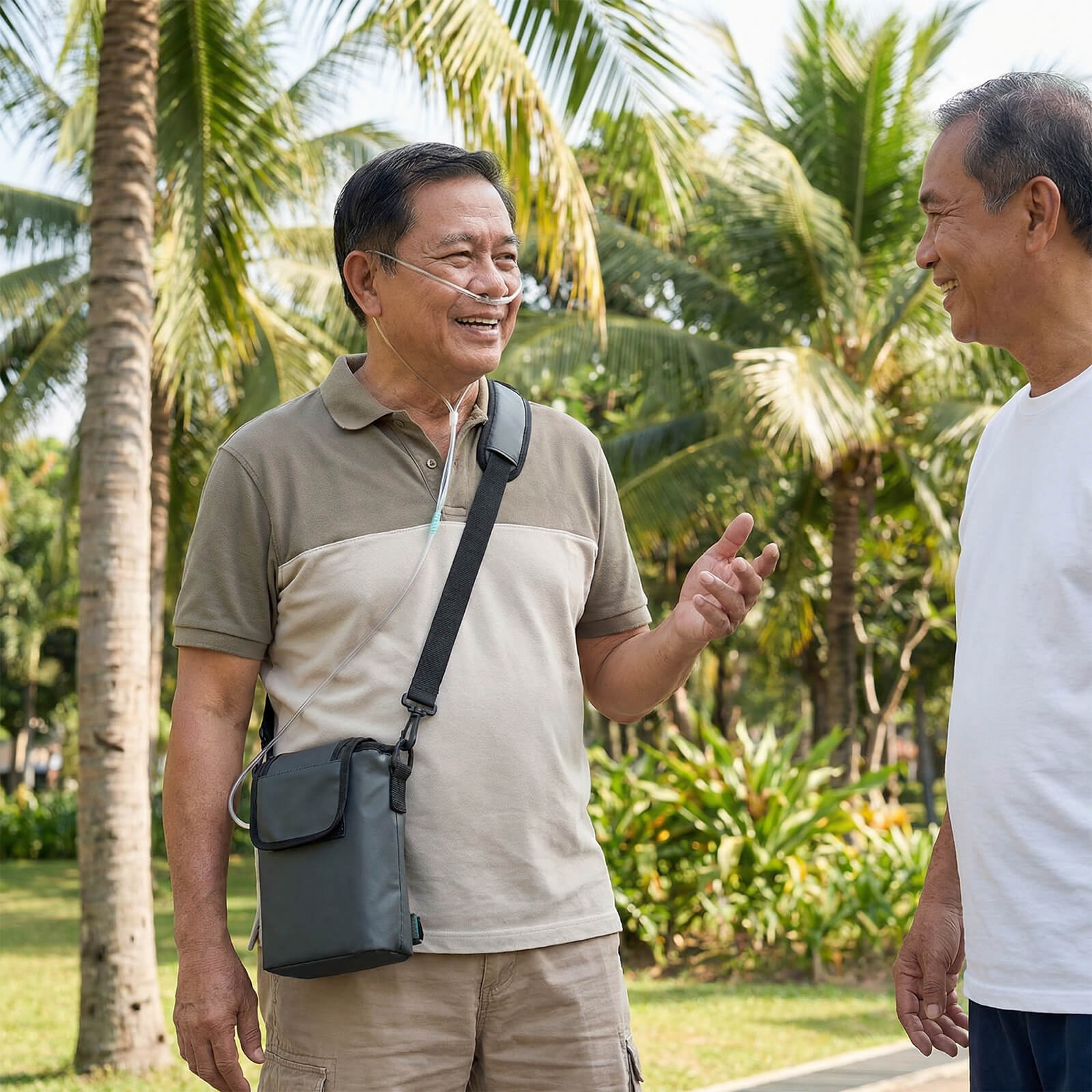 Two elderly men talking and enjoying social freedom with a VP-2 Portable Oxygen Concentrator.