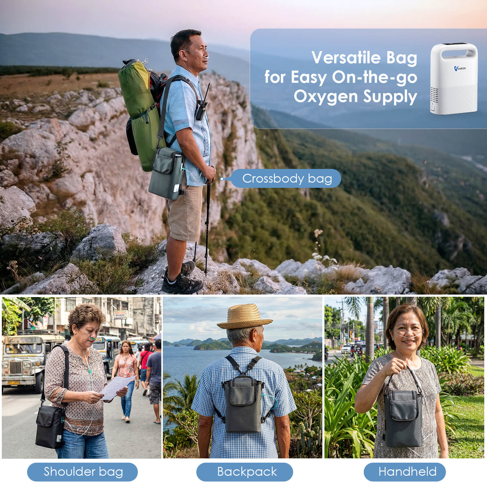 VP-2 portable oxygen concentrator carrying bag used as a backpack, crossbody, and handheld carrier.