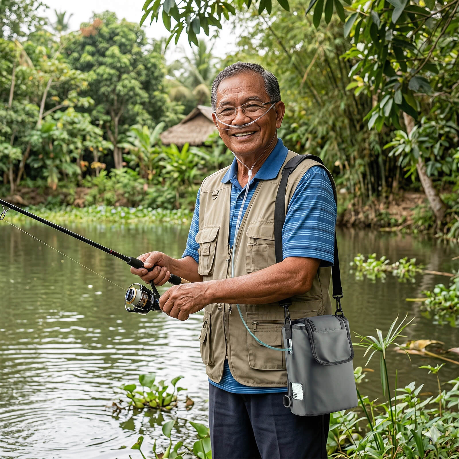 Elderly man fishing while wearing a VP-2 Portable Oxygen Concentrator in a convenient carrying bag