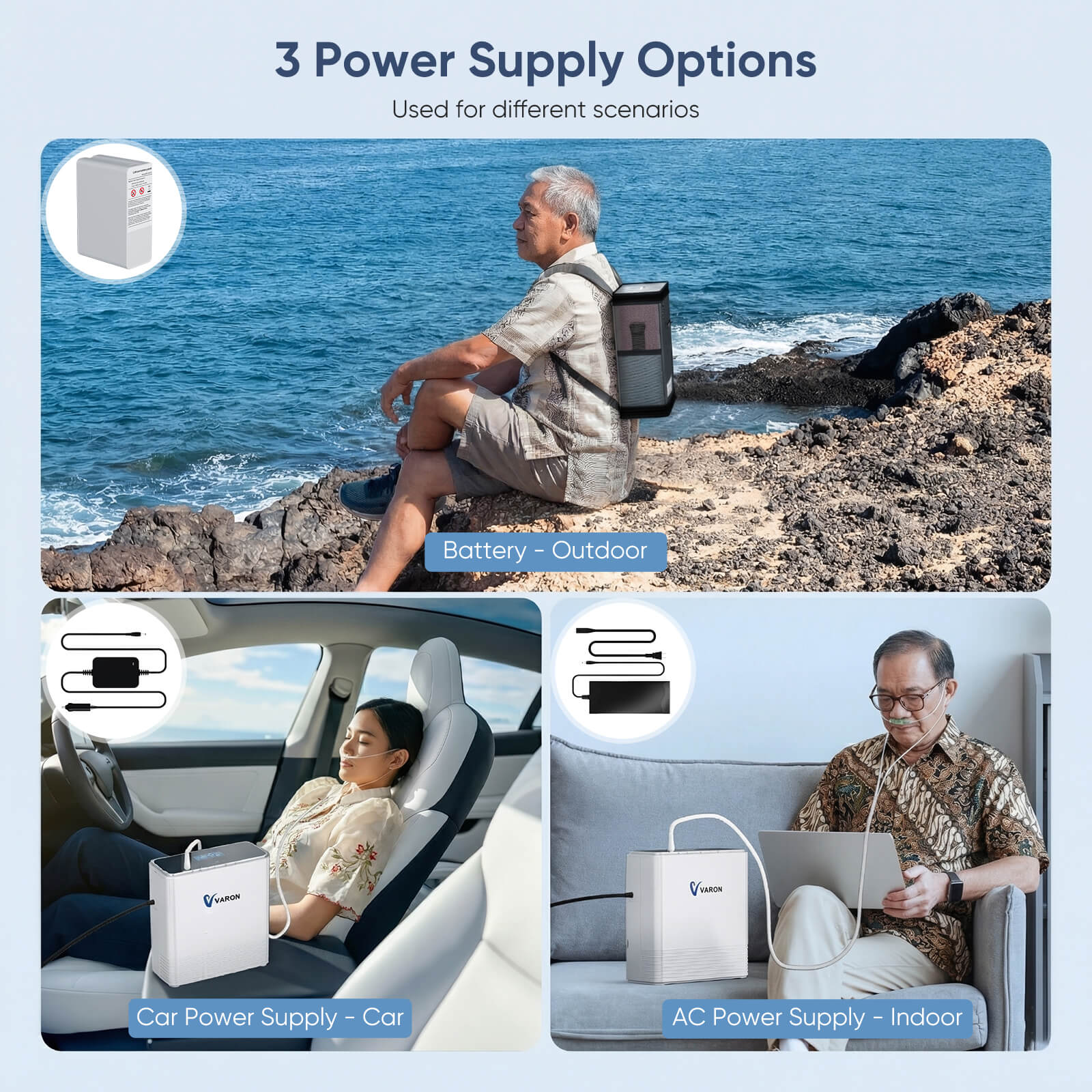 VP-6 portable oxygen concentrator with three power options: external battery, car adapter, and AC home plug.