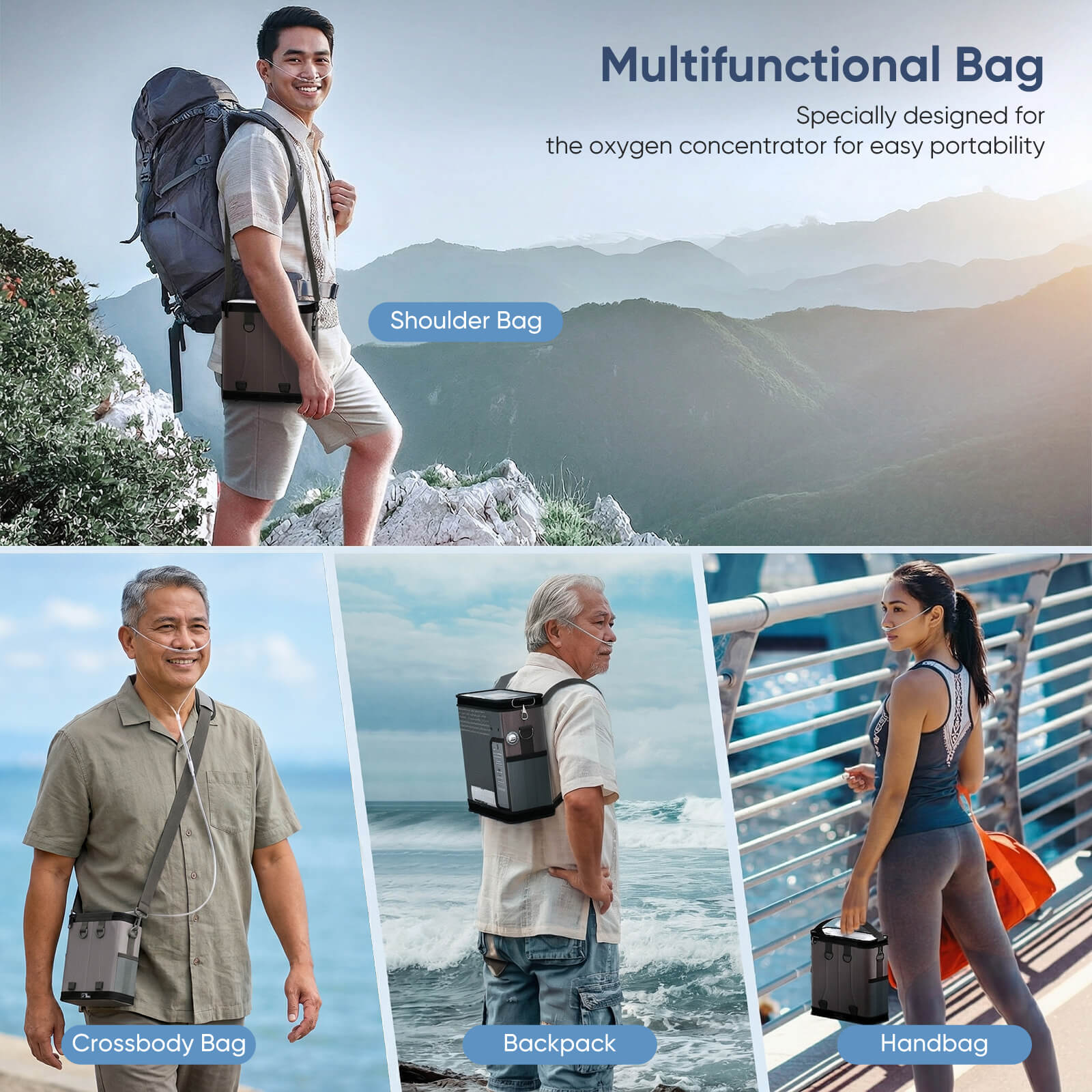 Versatile carrying bag for a VP-6 portable oxygen concentrator, usable as a backpack, crossbody, or handbag.