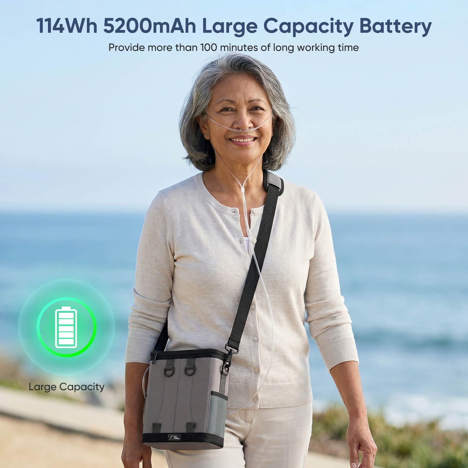 Senior woman walking while carrying a lightweight VARON VP-6 portable oxygen concentrator in its travel bag.