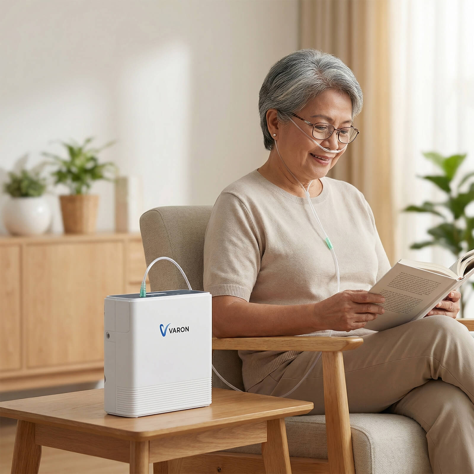 Elderly woman utilizing a continuous flow VP-6 portable oxygen concentrator during her daily indoor activities.
