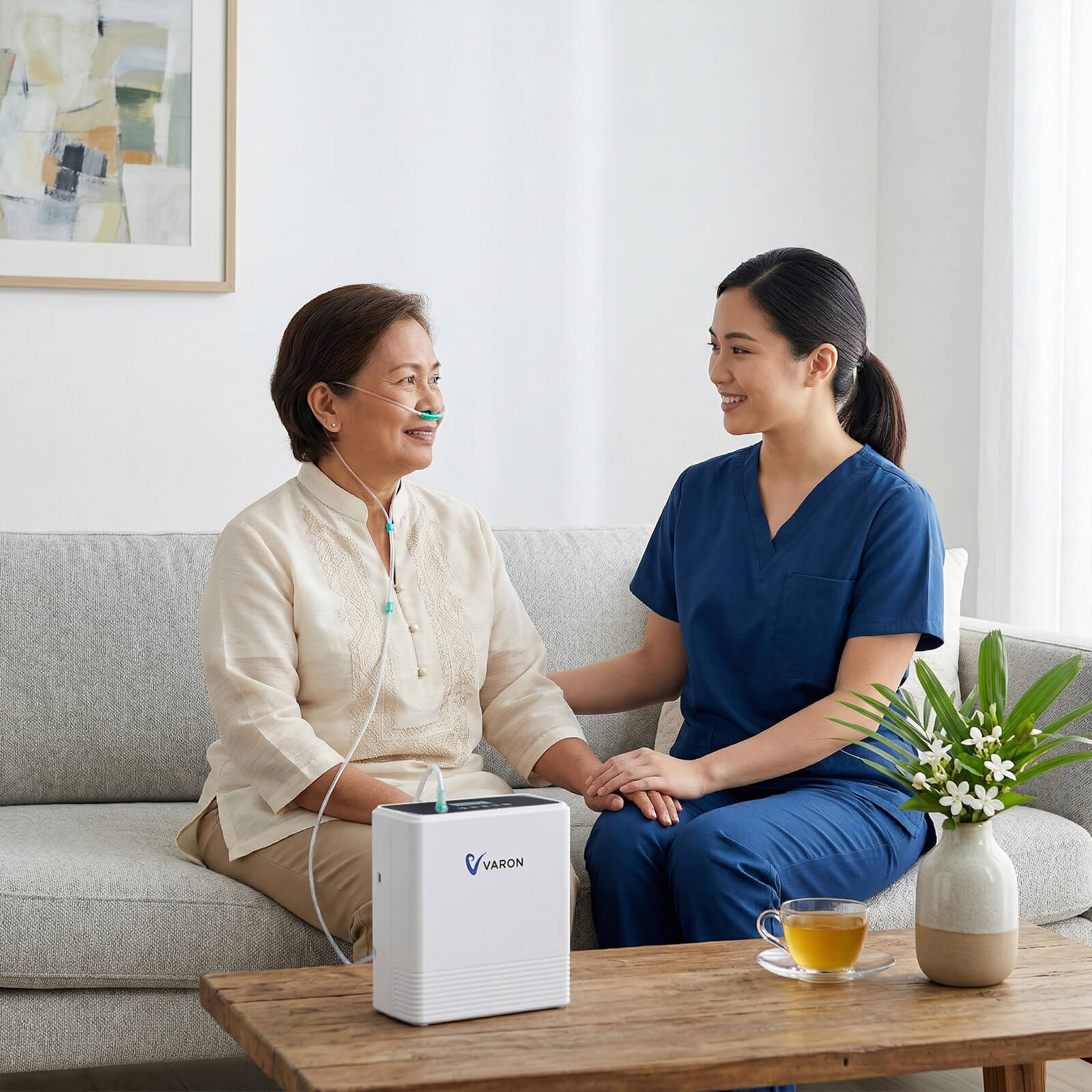 Healthcare professional assisting a patient with a VARON VP-6 portable oxygen concentrator for therapy.